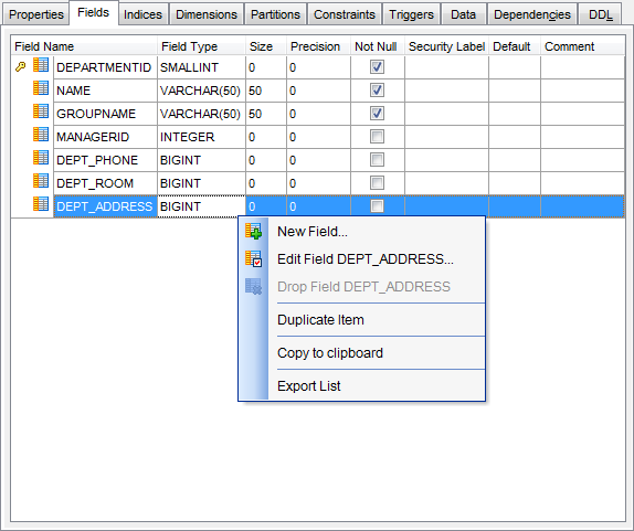 New table - Specifying fields