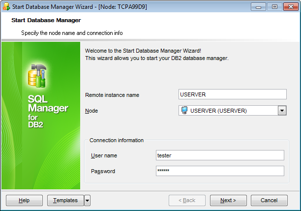 Start DB Manager - Setting node name and connection info