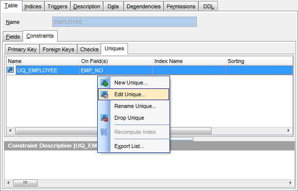 Table Editor - Constraints - Unique keys