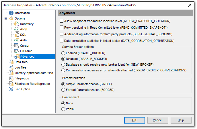 Database Properties - Options - Advanced