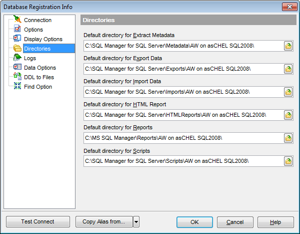 Database Registration Info - Setting default directories
