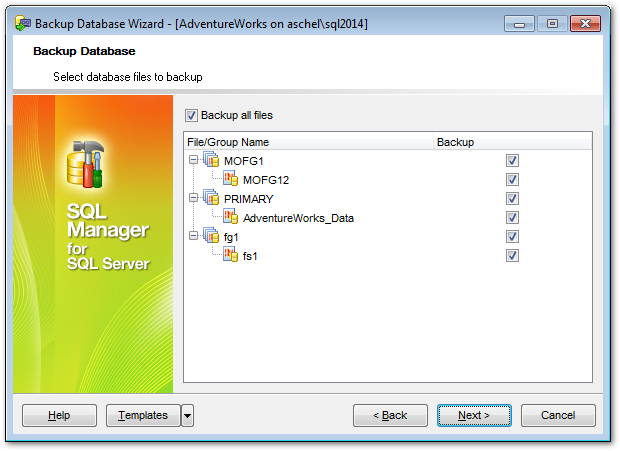 Backup Database - Selecting database files to backup