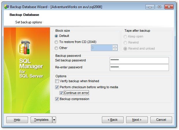 Backup Database - Setting advanced backup options