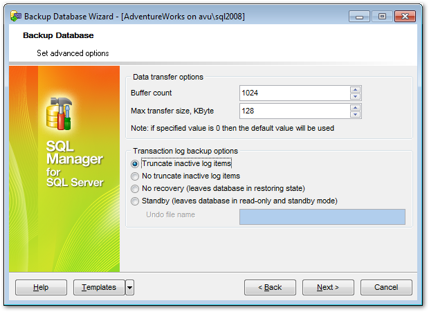 Backup Database - Setting data transfer options