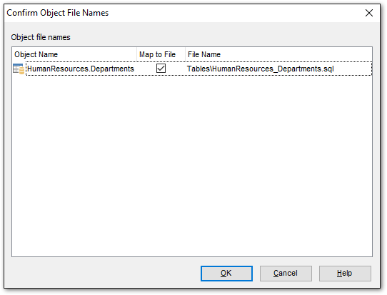 Database Registration Info - DDL to Files - Confirm object file name
