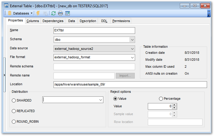 External table - Object editor