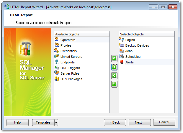 HTML Report - Selecting server object types