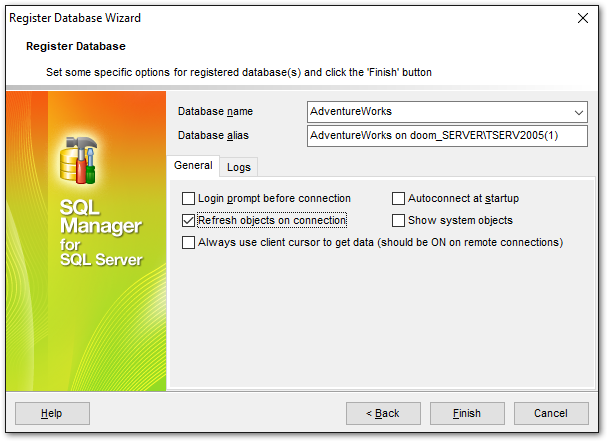 Register Database wizard - Setting specific options - General