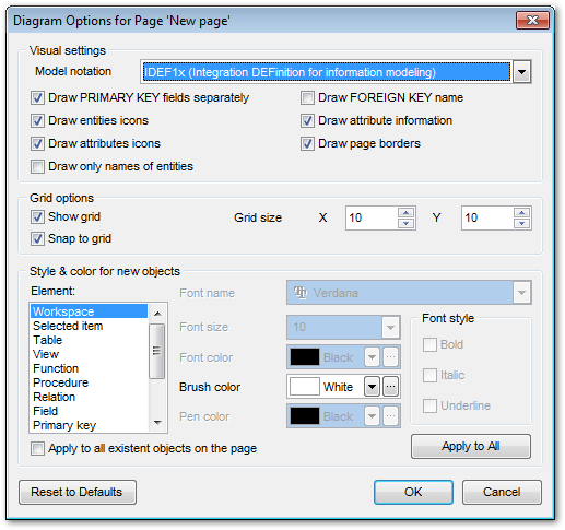 VDBD - Setting diagram options
