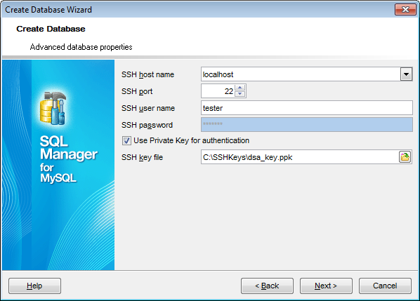 Create Database Wizard - Setting connection properties - SSH