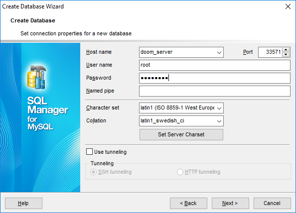 Create Database Wizard - Setting connection properties