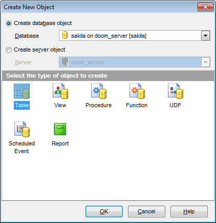 Database Objects management - Create New Object
