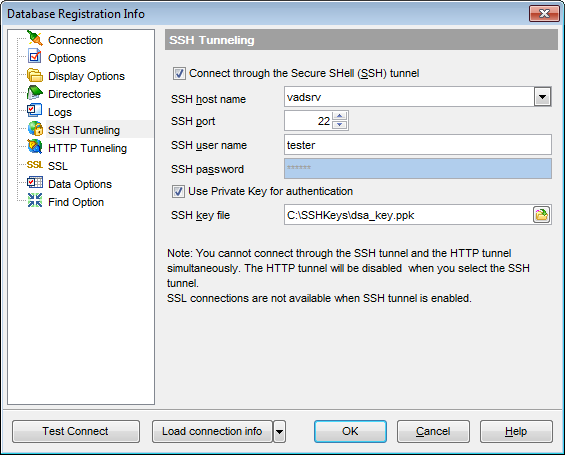 Database Registration Info - Setting SSH tunnel options