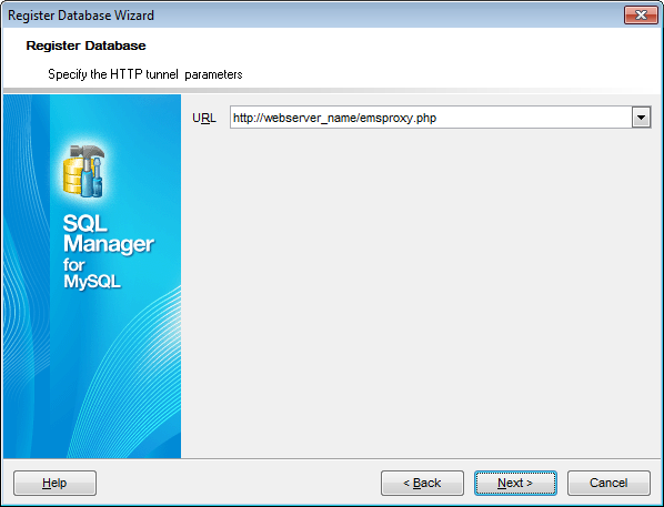 Register Database wizard - Setting connection parameters - HTTP