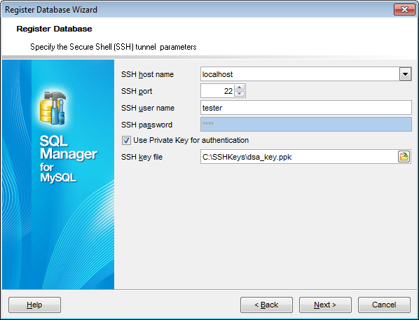 Register Database wizard - Setting connection parameters - SSH