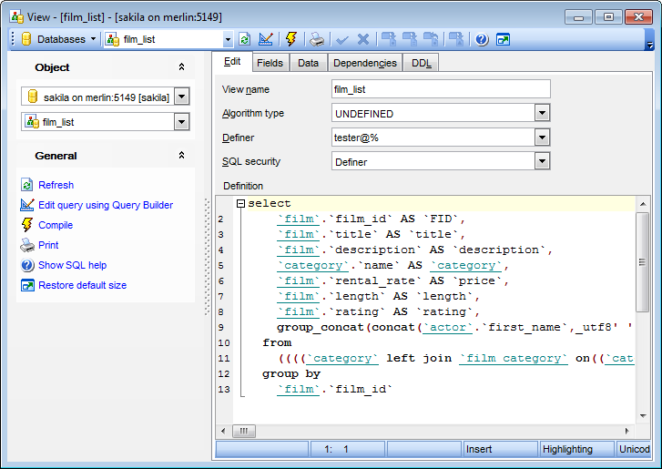 View Editor - Editing SQL definition