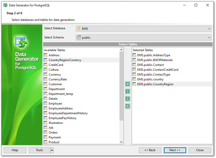 Step 2 - Selecting databases and tables