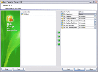 Selecting tables for data import