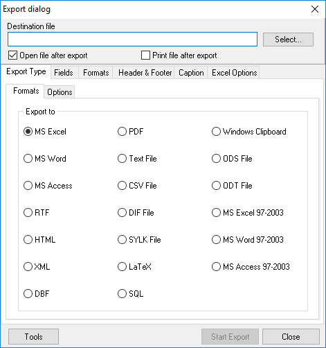 Selecting format to export data