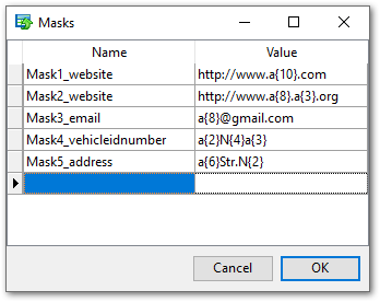 String field parameters - Mode - Random data - Masks