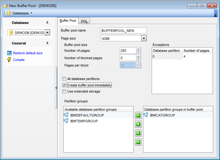 Buffer Pool Editor - Editing buffer pool definition