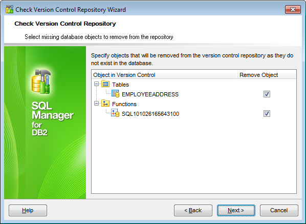 Check repository wizard - Selecting objects to remove from repository