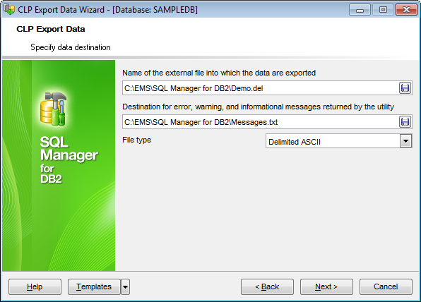 CLP Export - Specifying data destination - DEL