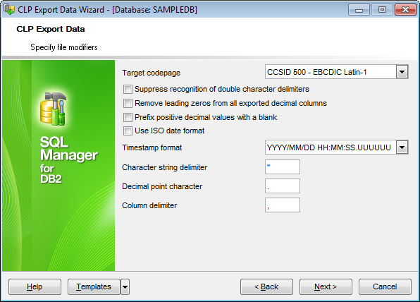 CLP Export - Specifying DEL ASCII file modifiers