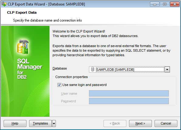 CLP Export - Specifying the DB name and connection parameters