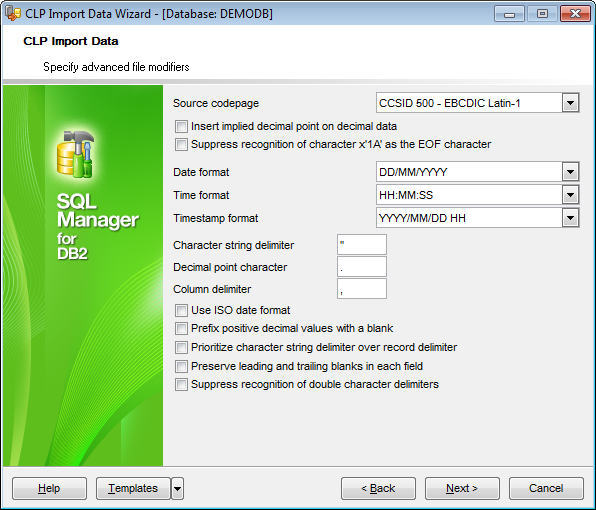 CLP Import - Specifying advanced file modifiers - DEL