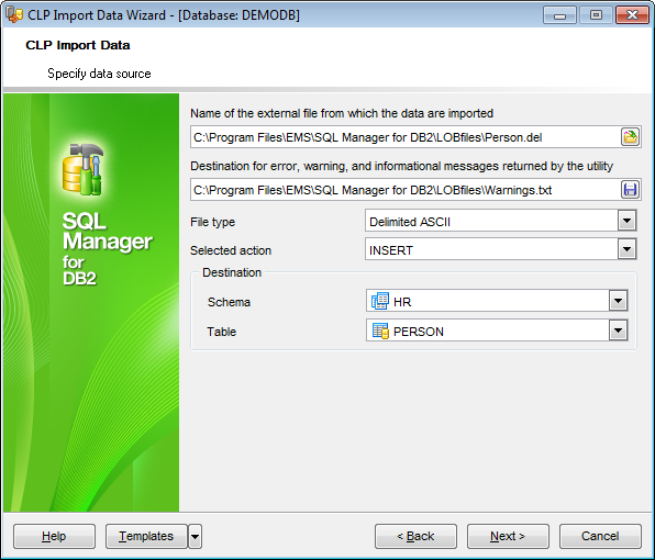 CLP Import - Specifying data source and destination