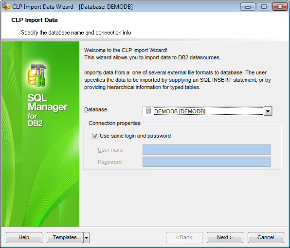 CLP Import - Specifying the DB name and connection parameters