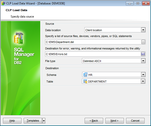 CLP Load - Specifying data source and destination