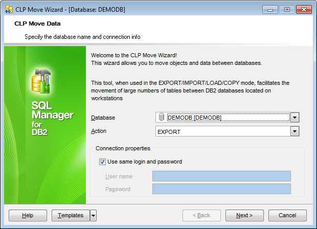 CLP Move - Specifying the DB name and connection parameters