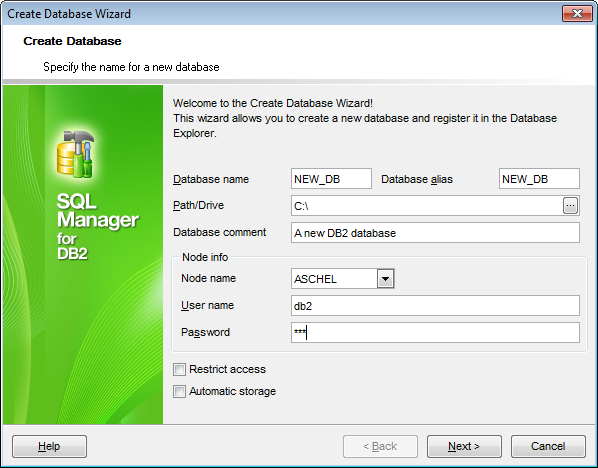 Create Database wizard - Setting DB name and Node info