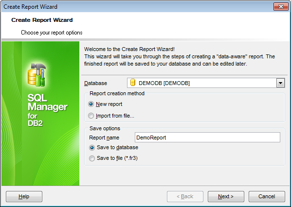Create Report - Specifying database name and report options