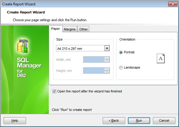 Create Report - Specifying paper settings