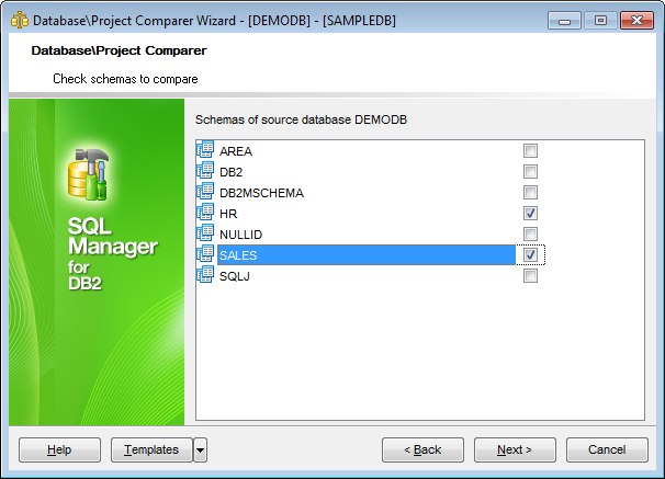 Database Comparer Wizard - Select source schemas