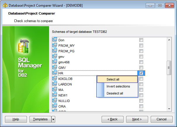 Database Comparer Wizard - Select terget schemas