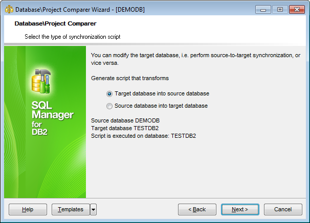 Database Comparer Wizard - Select the type of synchronization script