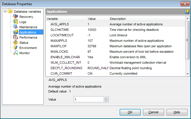 Database Properties - Database variables - Applications