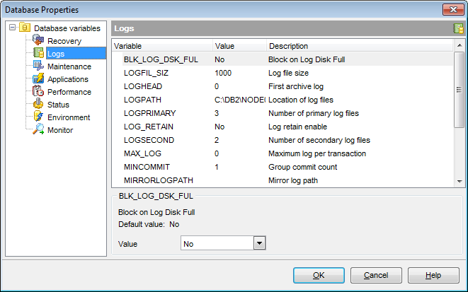 Database Properties - Database variables - Logs