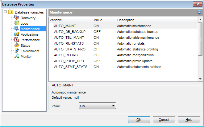 Database Properties - Database variables - Maintenance