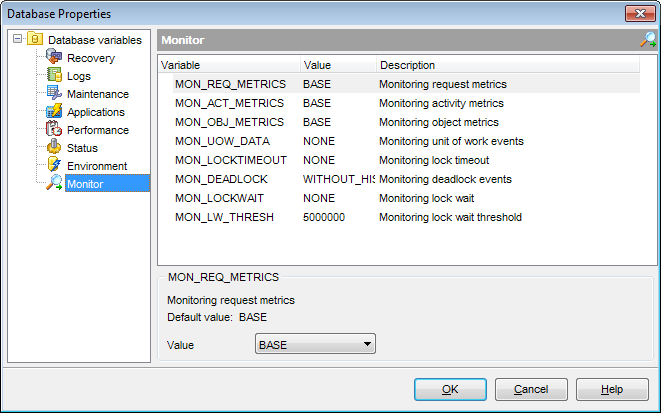 Database Properties - Database variables - Monitor