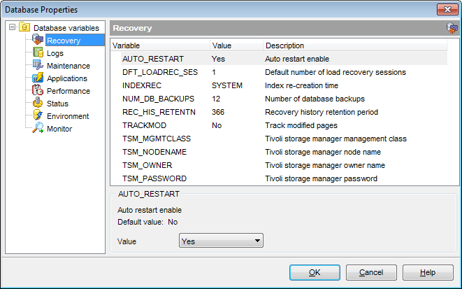 Database Properties - Database variables - Recovery