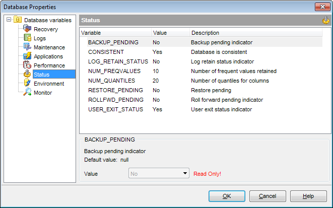 Database Properties - Database variables - Status