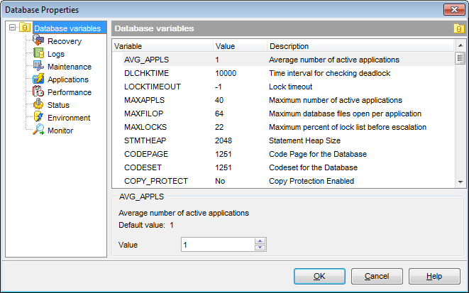 Database Properties - Database variables