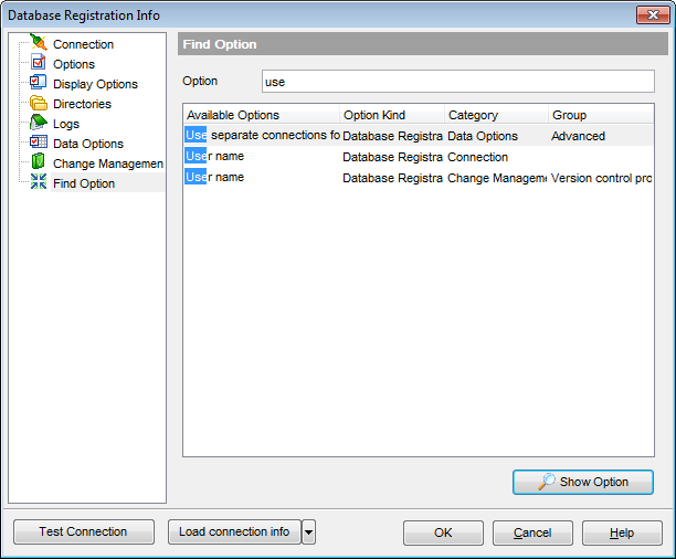 Database Registration Info - Find Option