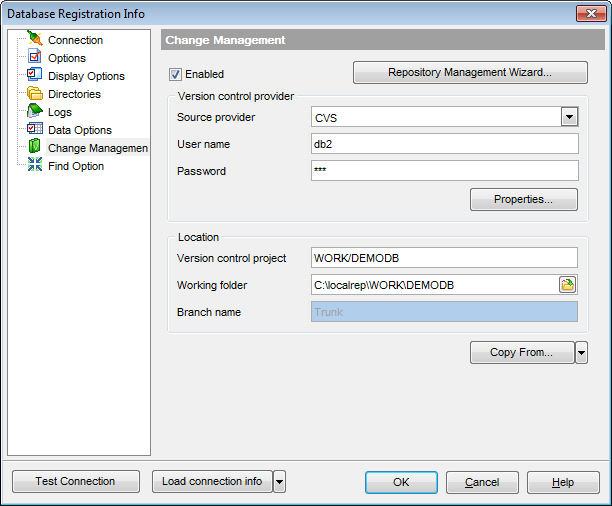 Database Registration Info - Setting change management parameters