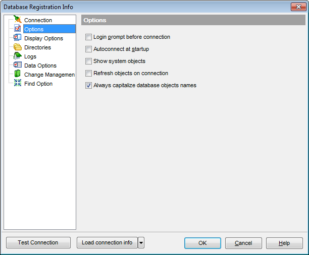 Database Registration Info - Setting common database options